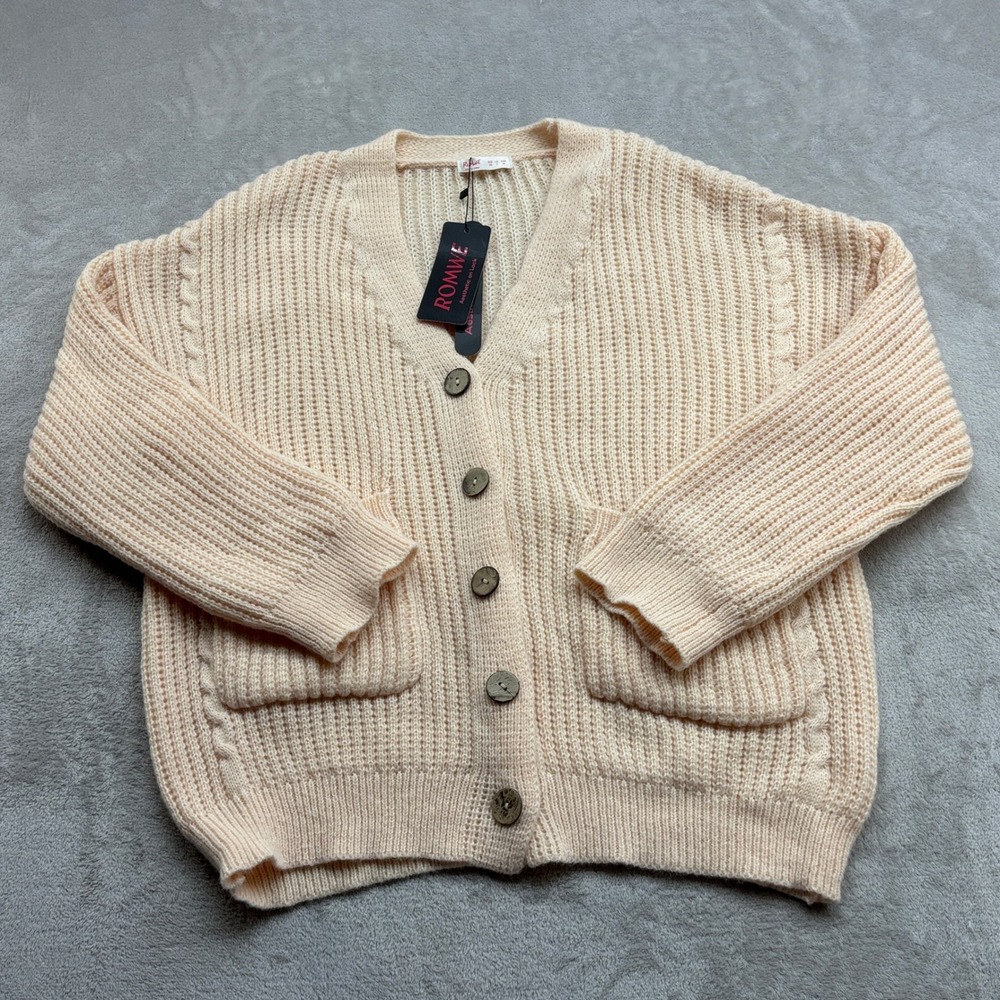 Romwe Cardigan Sweater Women XS Peach Ribbed Knit V-Neck Button Front Pockets